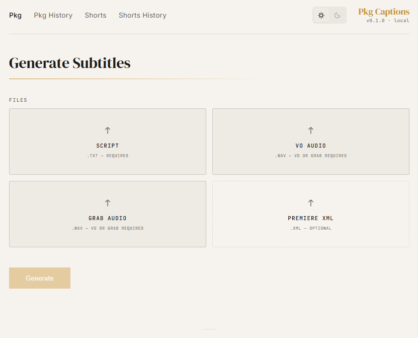 Pinky Saver's package captioning screen: upload slots for script, VO audio, grab audio and Premiere XML, with a Generate button.
