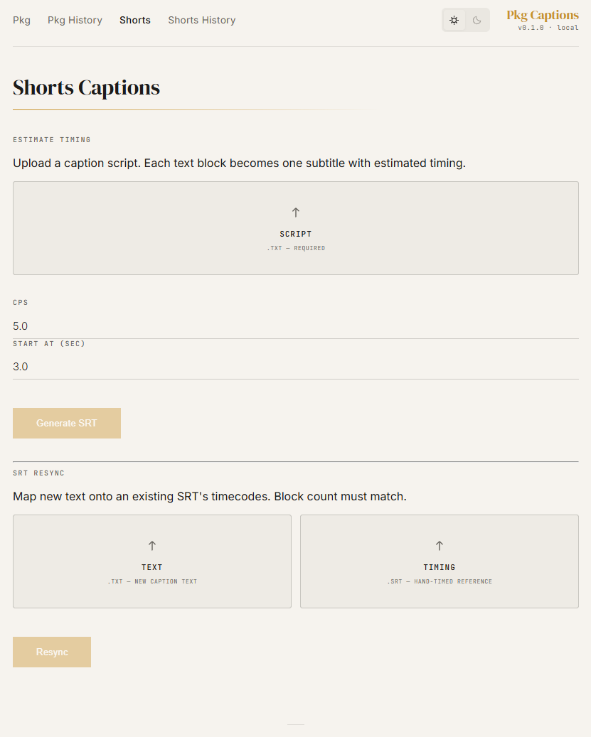 Pinky Saver's Shorts screen: caption script upload with CPS and start-time settings, plus an SRT resync tool.